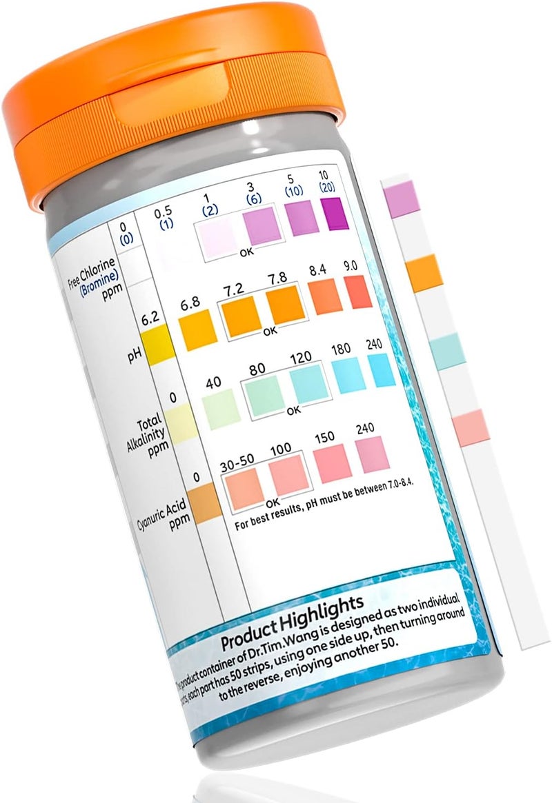 Dr.Tim.Wang Pool and Hot Tub Test Strips - Medical Grade Precision 4 in 1 Pool Water Test Kit - Testing pH Free Chlorine(Bromine) Total Alkalinity & Cyanuric Acid - Image 1